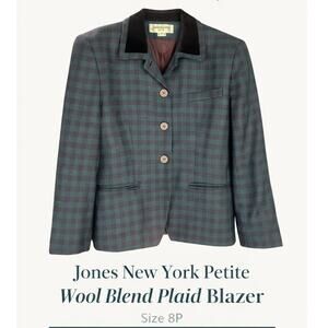 Jones New York 8P Wool Blend Plaid Blazer Velvet Collar Jacket Vintage Style